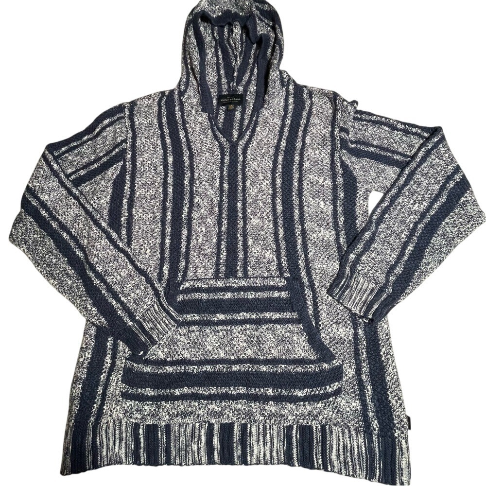 Lucky Brand Baja Hoodie Striped Knit Sweater Navy Blue White NWT‎ LARGE